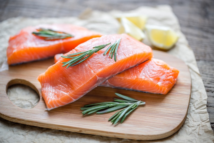 Raw salmon on the wooden board