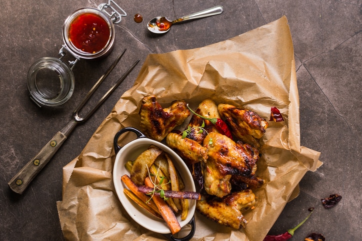 Spicy Chicken Wings with Hot Chili Jam, Baked Potatoes and Purple Carrots