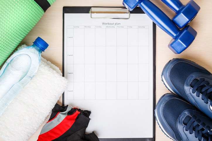 Personal workout plan with sneakers, water and dumbbells. Top view image