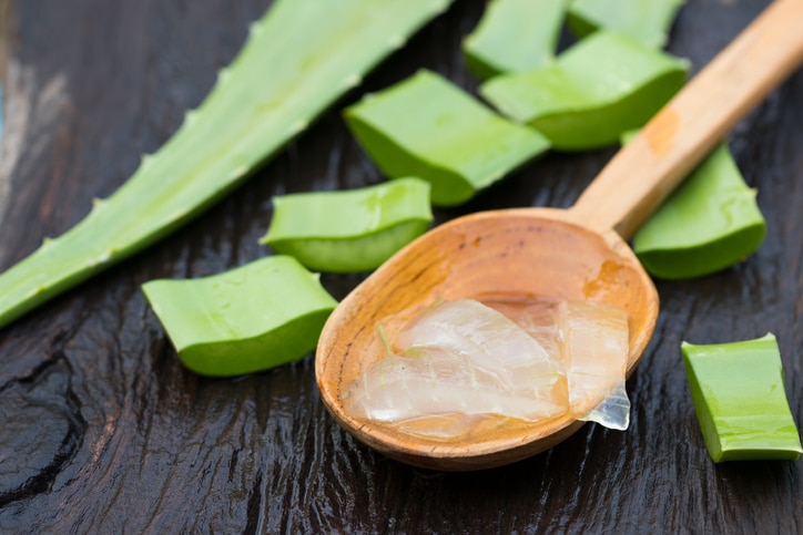 aloe vera gel on wooden spoon with aloe vera on wooden table