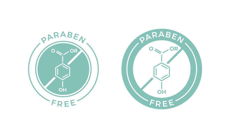 Paraben free label for health and skin safe stamp. Vector paraben chemical formula logo icon for natural skincare cosmetic package design