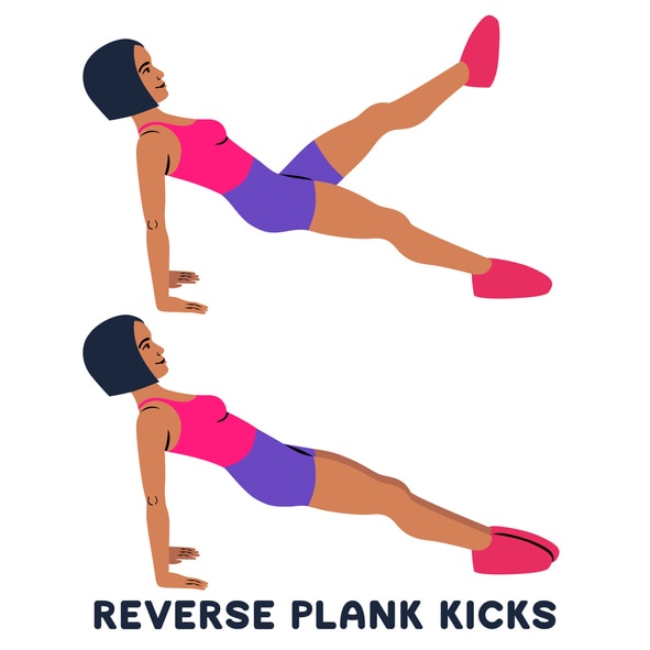 Reverse plank kicks. Reverse plank. Silhouettes of woman doing exercise. Workout, training Vector illustration