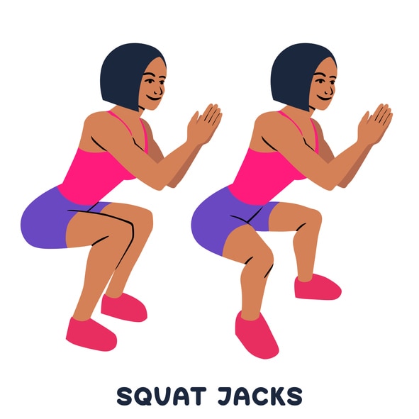 Squat jacks. Squat. Sport exersice. Silhouettes of woman doing exercise. Workout, training Vector illustration