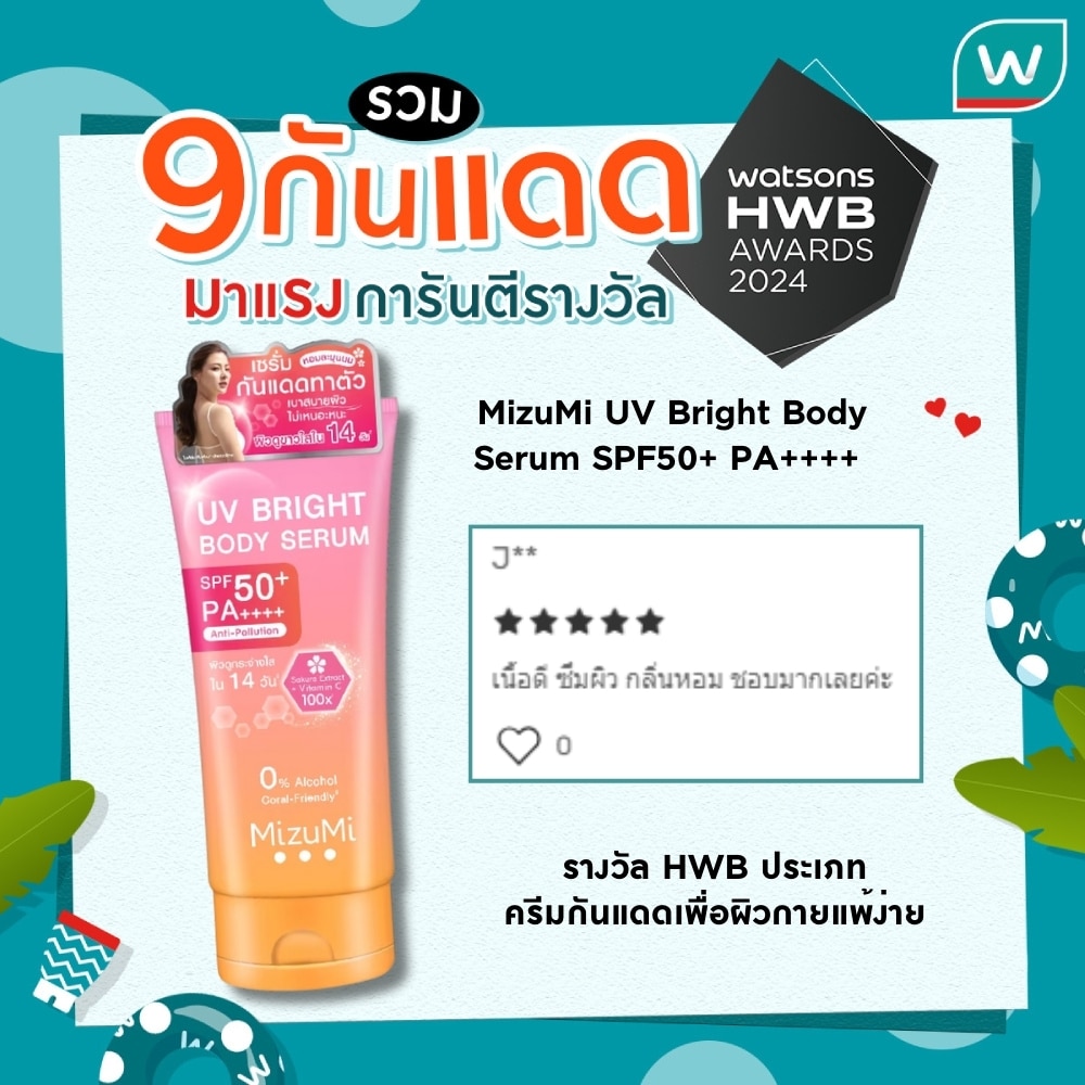 MizuMi UV Bright Body Serum SPF50+ PA++++ รางวัล HWB ประเภทครีมกันแดดเพื่อผิวกายแพ้ง่าย