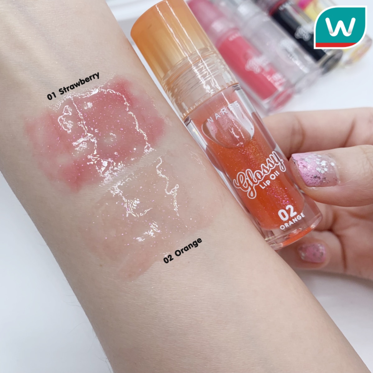 ์Naree Glassy Lip Oil สี Orange เครื่องสำอางสี Pantone 2024 Peach fuzz