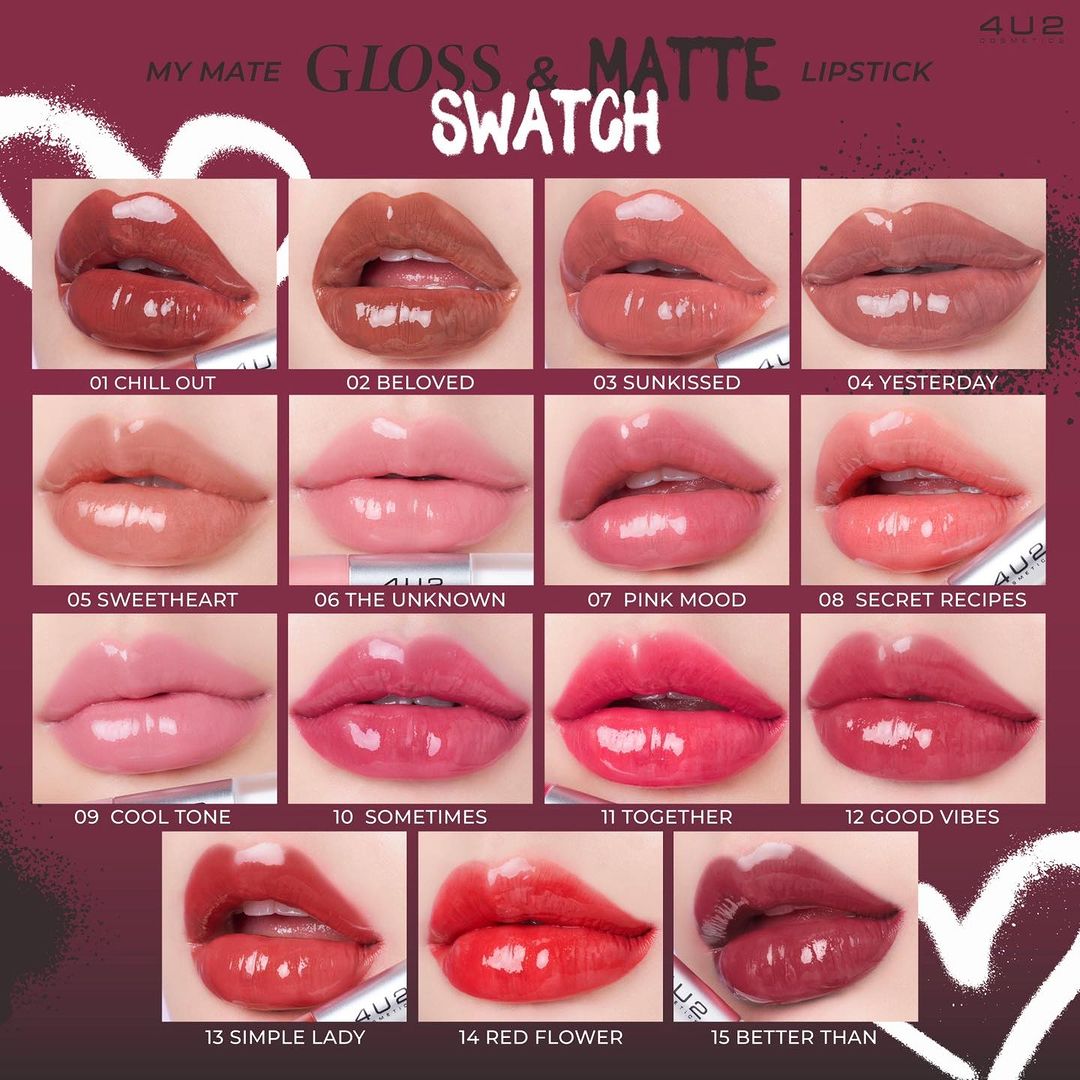 ตารางสวอชสีลิปเนื้อแมทจาก 4U2 My Mate Gloss Matte Lip