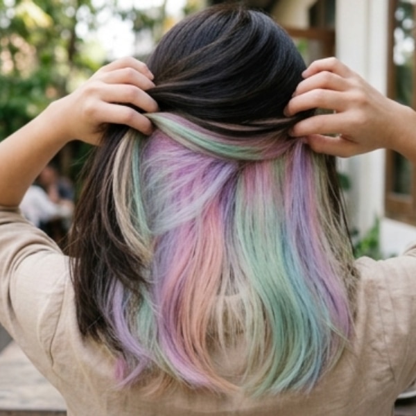 สีผมทูโทนผมยาวแบ่งสองชั้น ด้านนอกสีเข้ม ด้านในสีพาสเทล&nbsp;