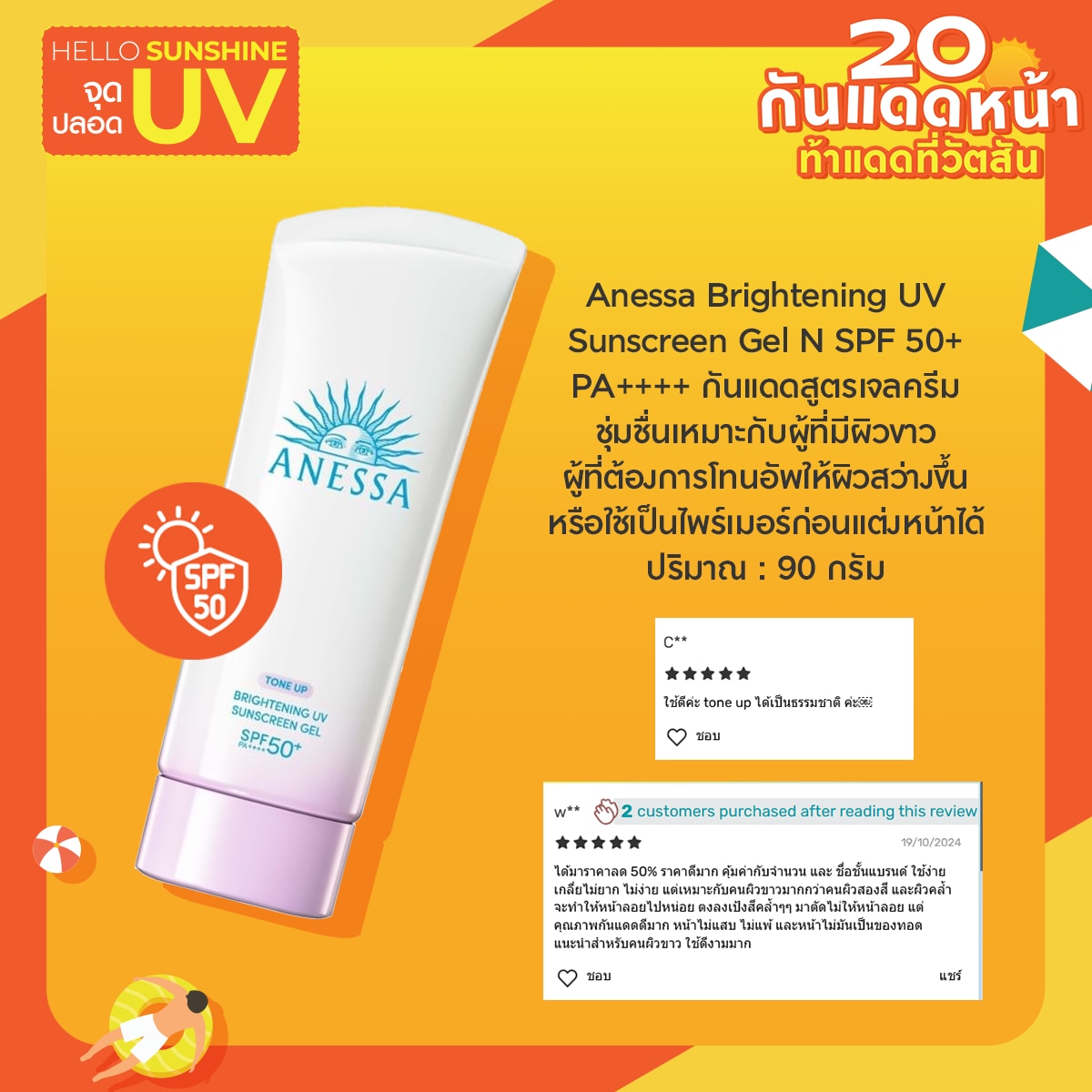 ครีมกันแดด Anessa Brightening UV Sunscreen Gel N SPF 50+ PA++++