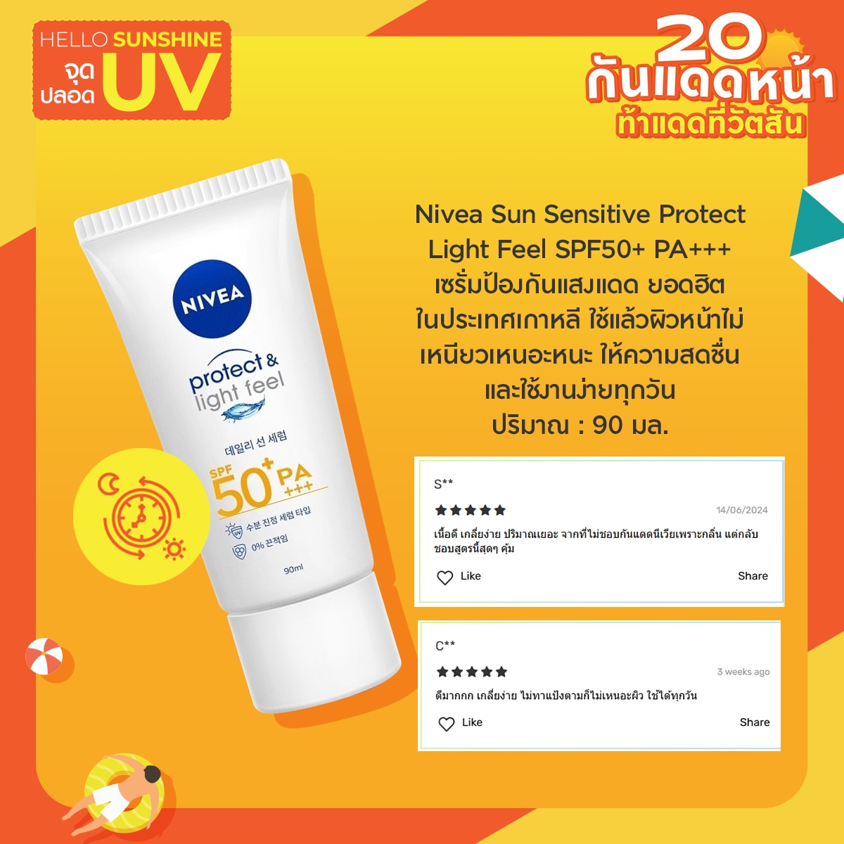 ครีมกันแดด Nivea Sun Sensitive Protect Light Feel SPF50+ PA+++  